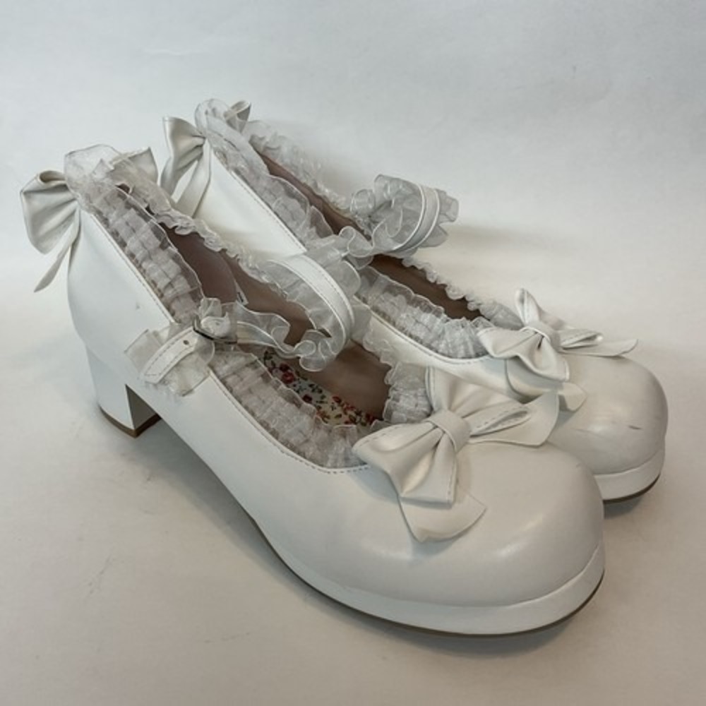 Whhite Round Toes Buckle Bowknot Mid Thick Heels Mary Jane Shoes Women 11-11.5